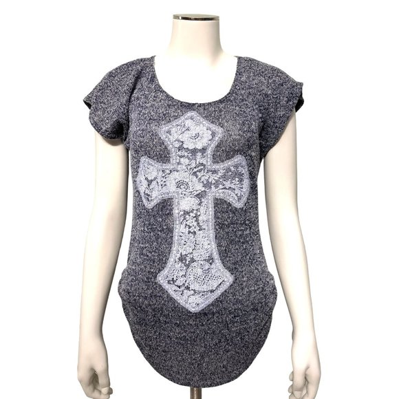 Sexy & Sheer Agenda Women's Gray/White Knit Cap Sleeve Round Hem Pullover Size S - Picture 1 of 7